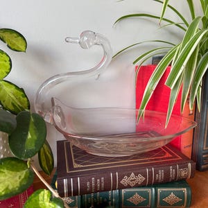 Könnte beinhalten: Eine durchsichtige Glasschale in Schwanenform mit einer Schale auf dem Rücken. Die Schale steht auf einem Stapel Bücher mit goldenen Lettern.