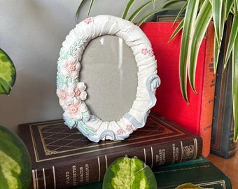 Vintage Oval 4&quot; x 3&quot; Ceramic Floral Photo Frame, 1990s / 1980s Retro Round White Frame with 3D Flowers and Ribbon in Pink, Green and Blue