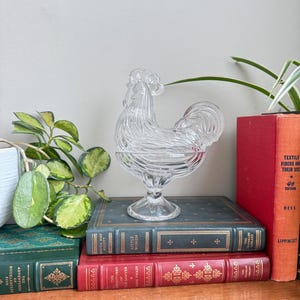 May include: A clear glass rooster figurine with detailed feather and comb designs. The rooster is perched atop a stack of vintage books with red, green, and blue covers. Decorative home decor item.