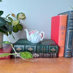 Puede incluir: Una pequeña tetera de porcelana blanca con detalles florales rosas y ribetes dorados descansa sobre una pila de libros antiguos. Los libros son de varios colores, incluyendo verde, rojo y marrón. Una planta con hojas verdes está en el fondo.