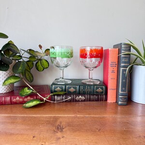 Set of Two Vintage Heavy Glass &quot;Thumbprint&quot; Beer Goblets with Green and Red Flames