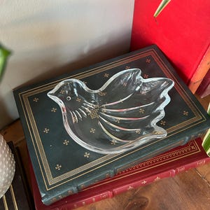 Puede incluir: Un plato transparente de vidrio con forma de pájaro y detalles grabados, apoyado sobre una pila de libros antiguos con detalles dorados. El plato tiene un ojo pequeño y redondo y detalles de alas. Los libros son verdes y rojos.