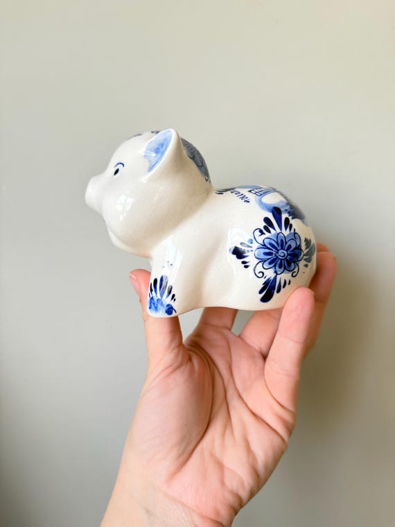 ヴィンテージ デルフトブルー＆ホワイト磁器貯金箱：手描きオランダ