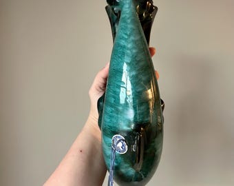 Vintage Blue Mountain Pottery Dolphin Figurine, Green Drip Glaze