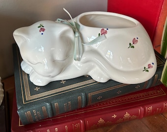 Porcelain Vintage Sleeping Cat Indoor Planter, Lasting Products Hand Painted Kitty Vase with Pink Flowers and Blue Bow
