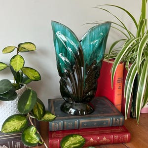 Vintage Blue Mountain keramikvas: Stor kluven lövgrön och blå glasyr - CA02