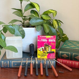 May include: A 10-in-1 Tool Mate set featuring a red box with yellow text, a translucent plastic case, a black handle, and seven small screwdrivers with brown or black handles. The tools are arranged on a dark blue book.
