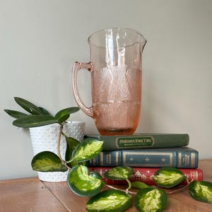 Vintage Pink Arcoroc Luminarc Glass Pitcher, Fleur Pattern, Peach/Pink Glass Jug, Depression Glass Container