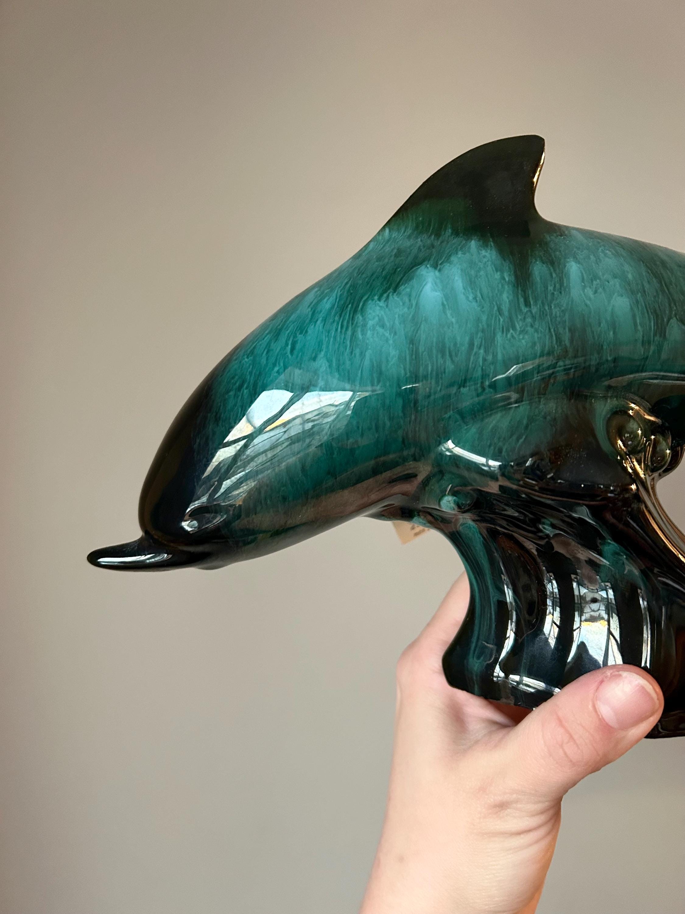 Vintage Blue Mountain Pottery Dolphin, Green Drip Glaze, MCM Decor