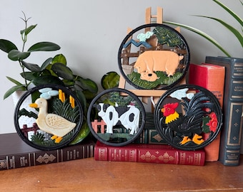 Set of 4 Vintage 1999 Home Styles by Hermitage Pottery Cast Iron Farmhouse Trivets: Cow, Rooster, Pig and Duck, Hand Painted Country Decor