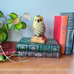 Vintage boekensteun halverwege de eeuw modern krijtwerk uil: handgeschilderd MCM-decor