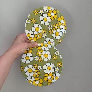 May include: Two round, floral-patterned plates. The plates feature a green background with white and yellow daisy-like flowers. The plates are held up against a gray background.