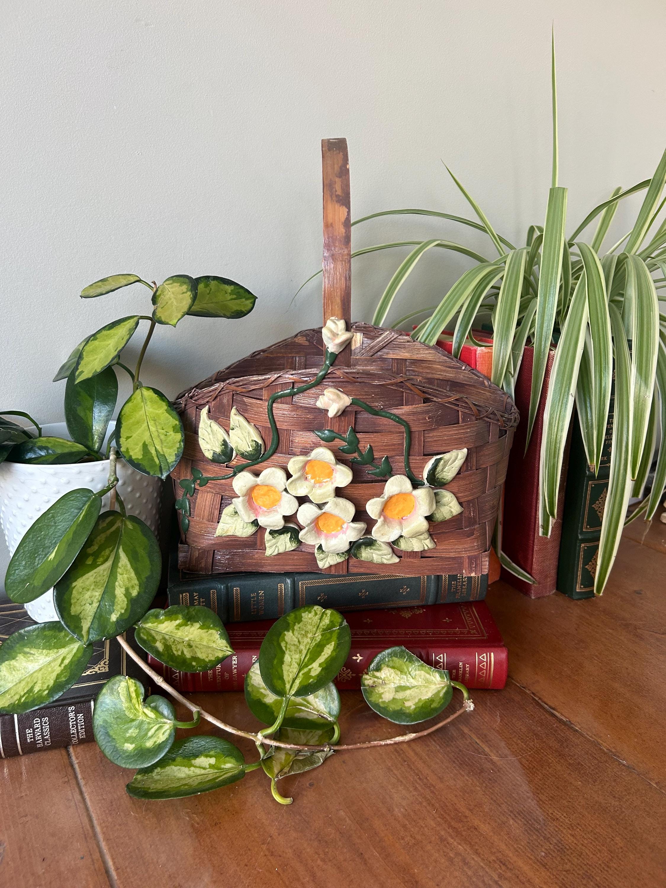 手描きの花柄アップリケ付きヴィンテージ籐バスケット - US01 - Etsy 日本