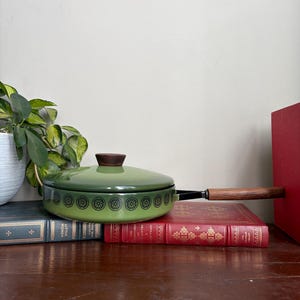 Vintage Asta Fissler Enamel Skillet with Lid Avocado Green Snowflake Wood Handle Germany 1970s