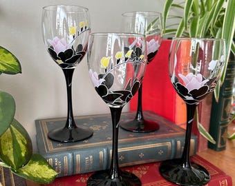 Set of Four Vintage Luminarc France Domino Black Floral ANAIS Glasses, Retro 1980s Art Deco Revival Long Stem Wine Glasses