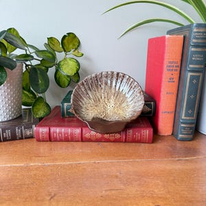 Puede incluir: Un cuenco de cerámica marrón y beige con forma de concha se encuentra sobre una pila de libros antiguos. El cuenco tiene un diseño texturizado y acanalado. Una planta en maceta está a la izquierda.