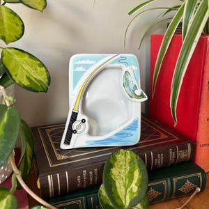 Vintage Emson Ceramic Fishing Themed Picture Frame, 1980's Unique Fishing Rod and Fish 3D Ceramic Painted Photo Frame