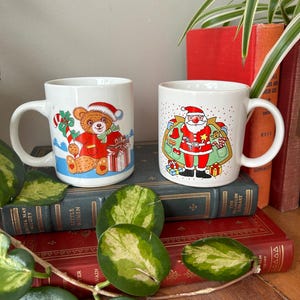 Set of Two Vintage Christmas Mugs Featuring Santa Claus, Teddy Bear, Candy Cane, Presents, 1980s/90s Kitschy Retro Xmas Coffee Cups
