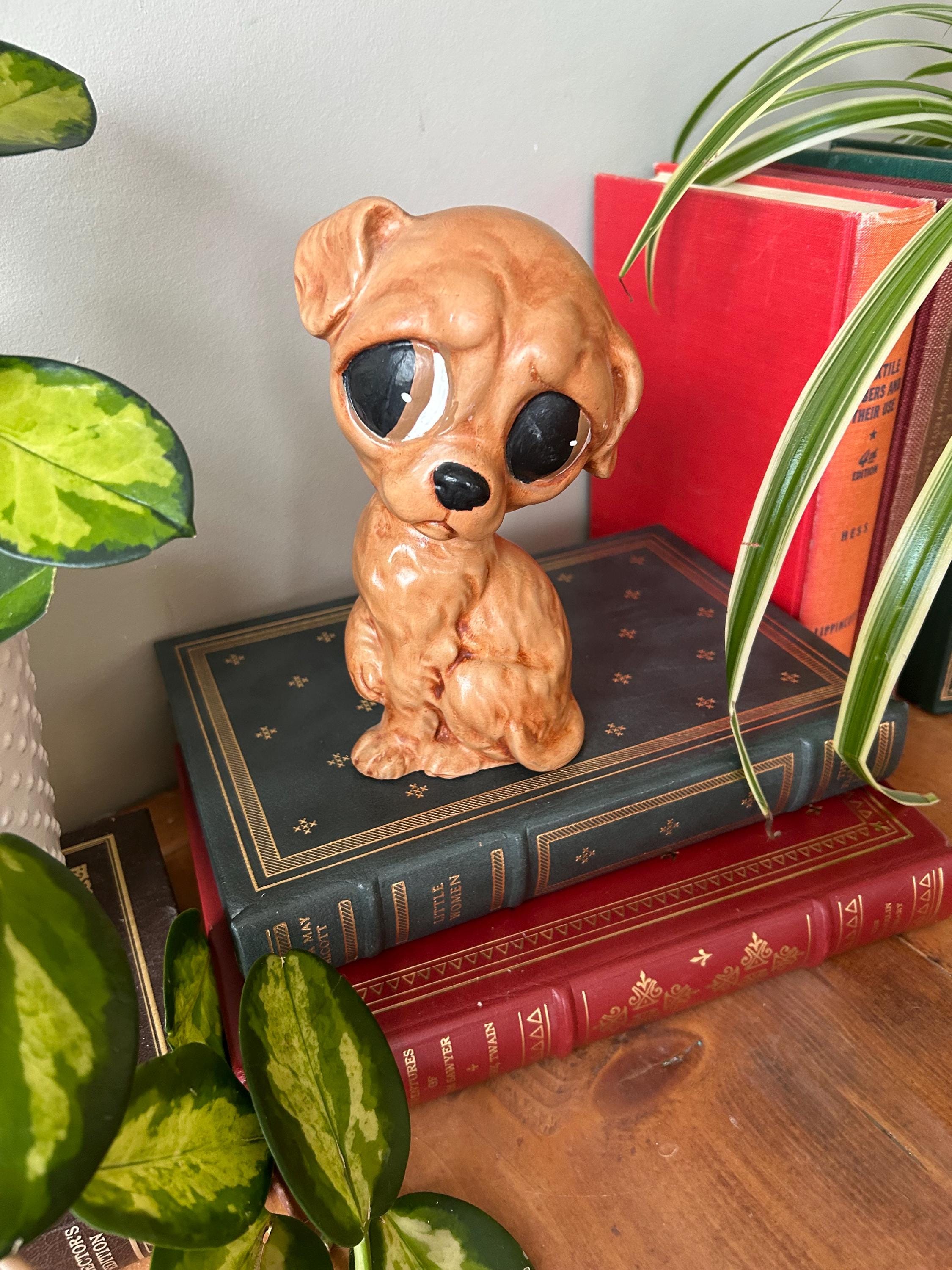 Big, Sad Eyes Vintage Chalkware Puppy Dog, Brown Puppy With Floppy