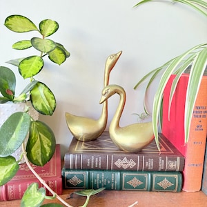 Set of Two Vintage Mid Century Modern 1960s Large, Heavy, Solid Brass Swans Figurines, Gold Tone Brass Bird, Neck Up / Neck Down Statues
