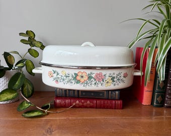 Vintage White Enamel Roasting Pan with Lid – Wildflower Design – Large 15” Farmhouse Roaster – Cottage Kitchen Decor
