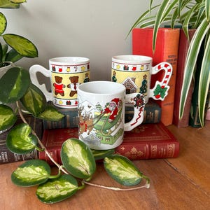 Vintage 1980s / 1990s Christmas Mugs, Retro Xmas Coffee Mugs, Funny / Kitschy Holiday Cups, Santa Sleigh, Reindeer, Candy Canes, Gingerbread