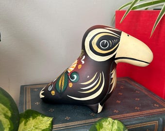 Hand Painted Vintage Mexican Talavera Ceramic Pottery Toucan Figurine, Tonala Bird Sculpture with Elaborate Designs, Pheasant Painted Back
