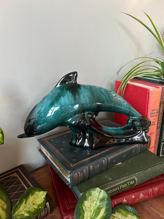 Vintage Blue Mountain Pottery Dolphin, Green Drip Glaze, MCM Decor