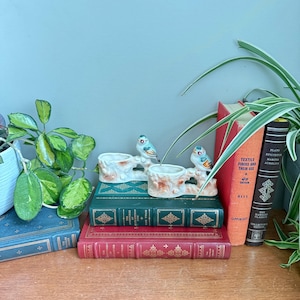 May include: A ceramic double planter featuring two cream-colored, textured tree stump vessels, each adorned with a small, hand-painted blue and orange bird perched on the rim, resting atop a stack of vintage hardcover books.