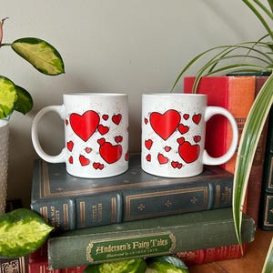 Set of Two Vintage Heart Theme Coffee Mugs, Retro 1980s  / 1990s Valentine's Ceramic Cups, Kitschy Lover's Mugs, Wedding / Anniversary Gift