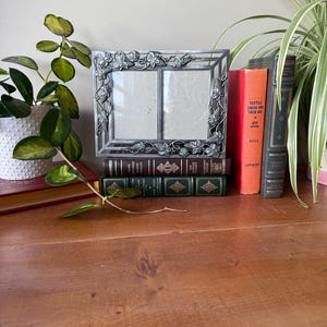 May include: A silver double photo frame with grape vine detailing rests on a stack of vintage books. The frame is empty, ready for two photos. Green plants and a wooden table complete the scene.