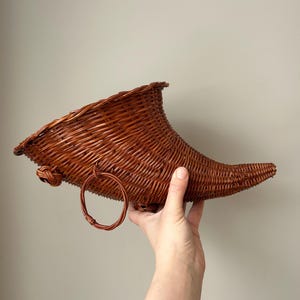 Vintage Wicker Woven Cornucopia Basket, 1970s &quot;Horn of Plenty&quot; Basket with Feet and Hoop for Hanging, Braided Rim, Table Centrepiece