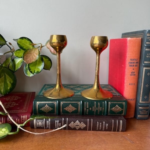 Mid Century Modern Solid Brass Vintage Candlestick Holders, MCM 1970s Tall Gold Tone Wine Glass Shaped Candleholder