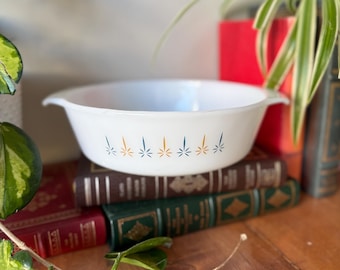 Vintage Fire King Milk Glass Casserole Dish: Atomic Starburst Pattern - US01