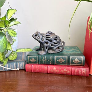 May include: A dark grey, hollow, cast-metal frog figurine with an intricate, open-work lattice pattern across its body. The frog is positioned on top of two stacked hardback books, one green and one red, with gold-embossed lettering on the spines.