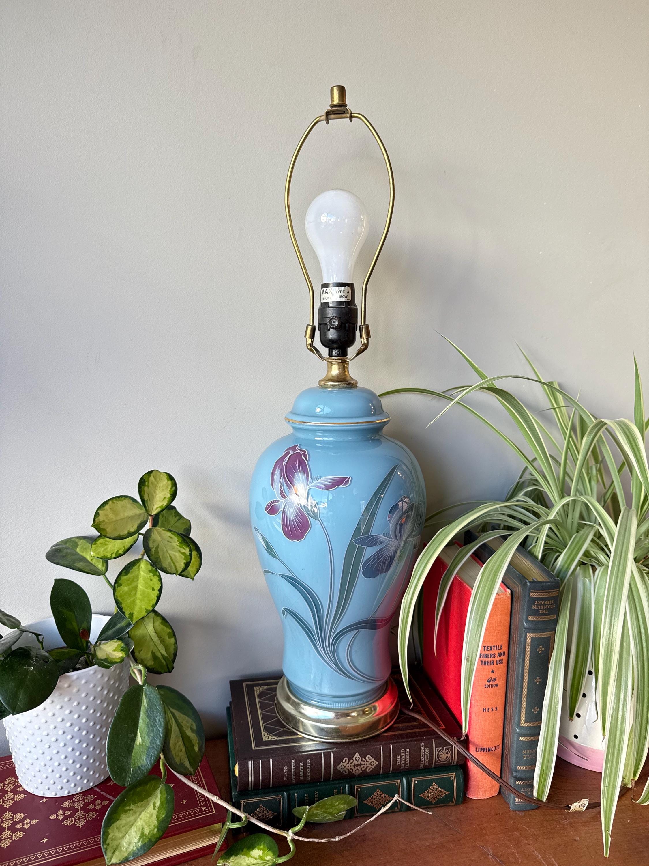 Vintage 1980s Art Deco Revival Blue Floral Glass Table Lamp - US01