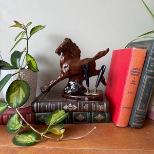 Vintage Ceramic Horse Statue  / Pen Holder / Desk Organizer, Mid Century Modern Stallion Pottery in Brown Drip Glaze
