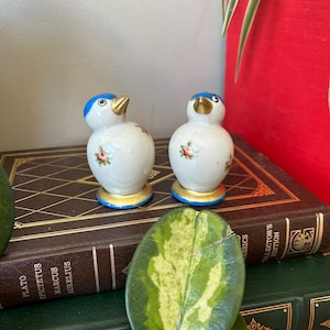 Vintage Norquest Plump Proud Pingouins Bird-Shaped Salt and Pepper Shakers with Hand Painted Blue, Red and Gold Flowers, Made in Japan