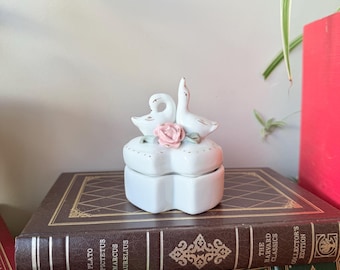 Vintage Heart Shaped Double Swan and Pink Rose Trinket / Jewelry Box With Gold Accents