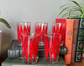 Moderne atomaire starburst-bril uit het midden van de eeuw, jeannetteglas, set van 6 inch
