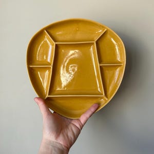 Set of Two Vintage Mid-Century Modern Geometric Appetizer Plates by Sunburst Canada, Yellow Mustard Ceramic Glazed MCM Divided Plates