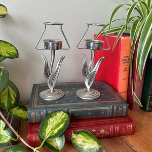 Pewter Tulip Votive Candle Holder, Set of Two Vintage Flower Lanterns, Retro Table Setting Centrepiece Candlestick Holder Decor