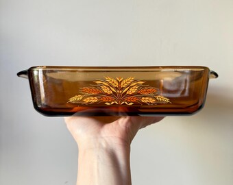 Vintage Anchor Hocking Amber Glass Casserole #441 | 1970s Wheat Pattern Baking Dish