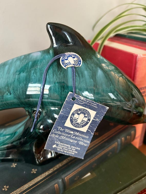 Vintage Blue Mountain Pottery Dolphin, Green Drip Glaze, MCM Decor
