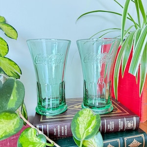 Vintage Libbey Coca-Cola Glasses: Emerald Green Embossed Tumblers, Set of 2