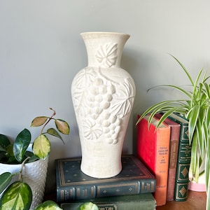 Laurentian Pottery Vase, Textured Clay Grape Leaf Design, Vintage White