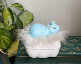 Vintage Blue Ceramic Kitten Trinket Box | Fluffy Faux Fur Jewelry Dish (1960s-70s)