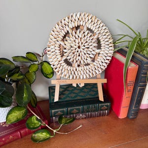 Vintage 1970s Bohemian / Beach / Coastal / Nautical / Hippy Polished Cowry Shell Handmade Trivet / Pot Holder / Wall Decor, Hanging, Art