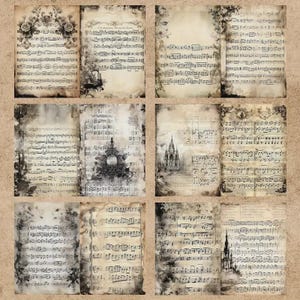 Lot de 10 Feuilles de Musique Style Gothique Sombre A5 - Papier de Fond Décoratif Vintage pour Scrapbooking Cartes de Vœux.