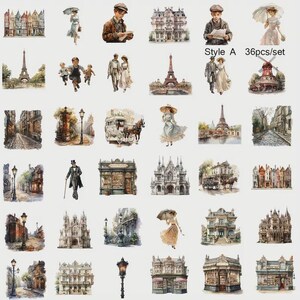 Lot de 36 Visuels Scène de Rue Parisienne Vintage -Personnages de Style Victorien, Voitures & Bâtiments Historiques -